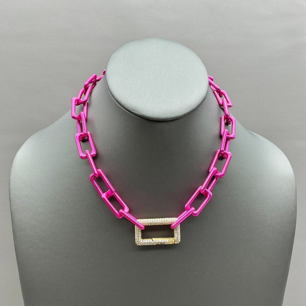Melania Clara Pink Paperclip Chain Pave Crystal Link Statement Necklace 16 In